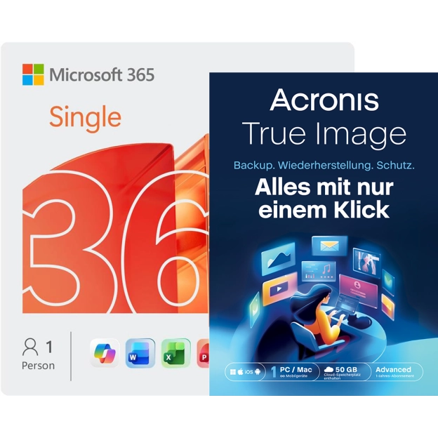 Microsoft 365 Single + Acronis True Image Advanced | 50 GB Cloud | 1 PC | 1 Jahr