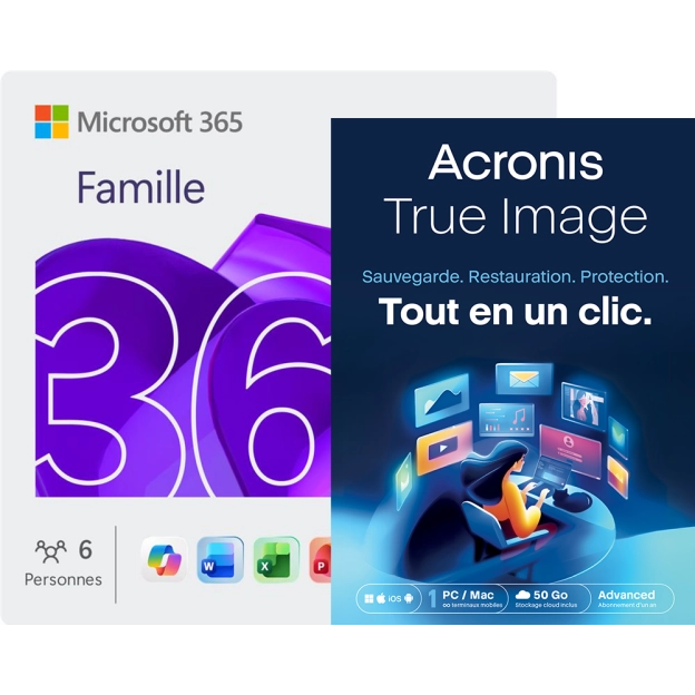 Microsoft 365 Famille + Acronis True Image Advanced | 50 Go le Nuage | 1 PC | 1 an