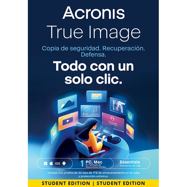 Acronis True Image Essentials 2026 | Versión Estudiante | 1 PC | 1 Año | Móvil/Tablet incluido