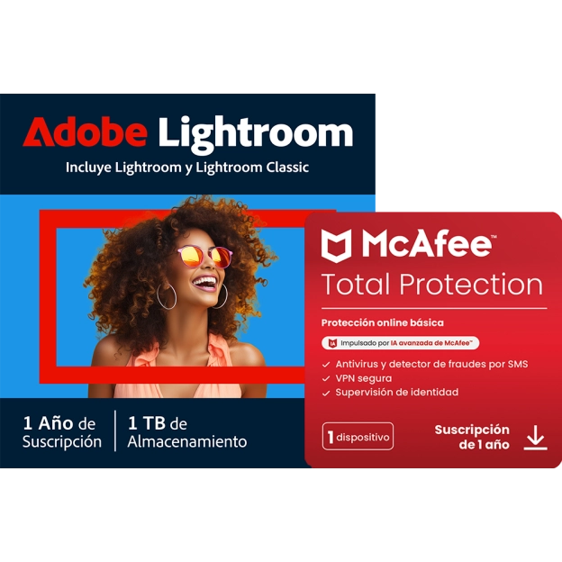 Adobe Lightroom CC + McAfee Total Protection | 1 dispositivo | 1 TB de almacenamiento en la nube