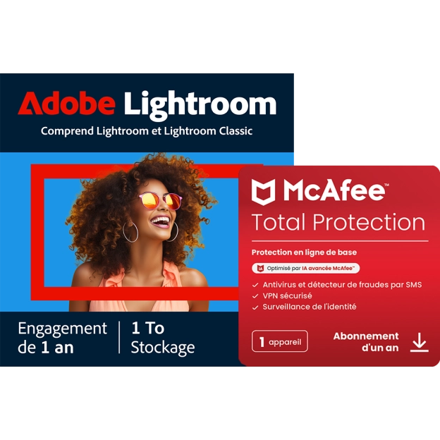 Adobe Lightroom CC + McAfee Total Protection | 1 appareil | 1 To de stockage dans le nuage