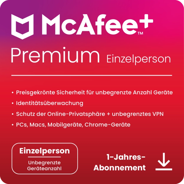 McAfee+ Premium Individual | 1 Jahr | Unbegrenzte Geräte | Windows - Mac - iOS - Android - ChromeOS