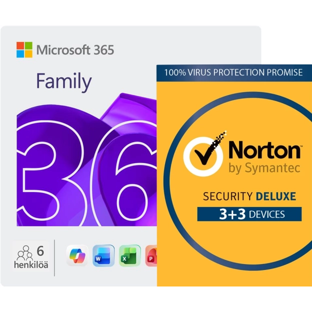 Microsoft 365 Family + Norton Security Deluxe | 6 Laitetta | 1 Vuosi