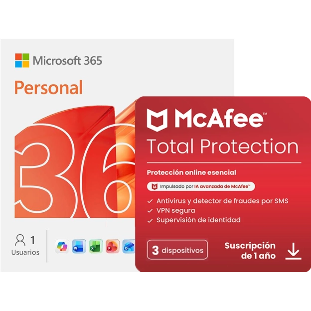 Microsoft 365 Personal + McAfee Protection | 3 Dispositivos | 1 Año