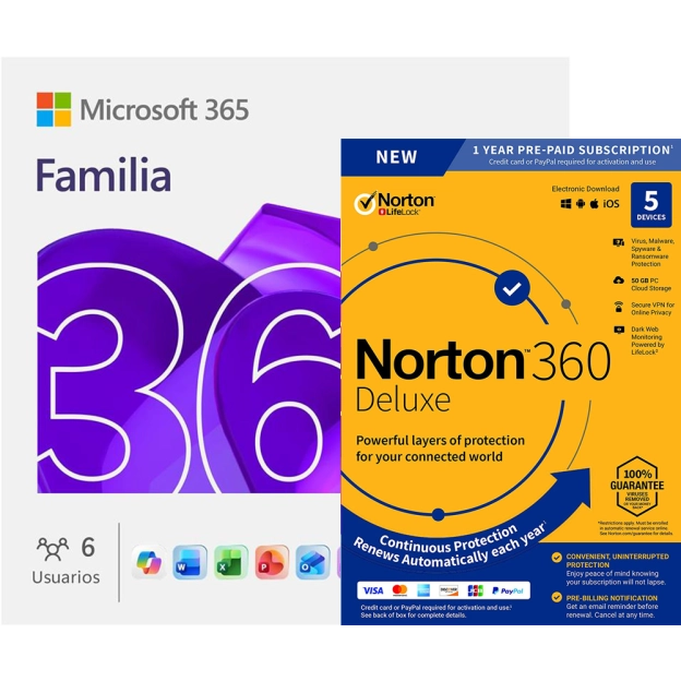 Microsoft 365 Familia + Norton 360 Deluxe | 5 Dispositivos | 1 Año