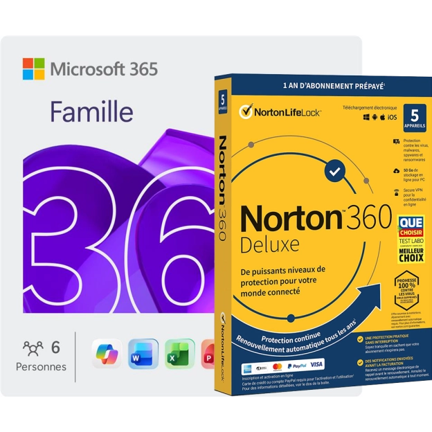 Microsoft 365 Famille + Norton 360 Deluxe | 5 Appareils | 1 An