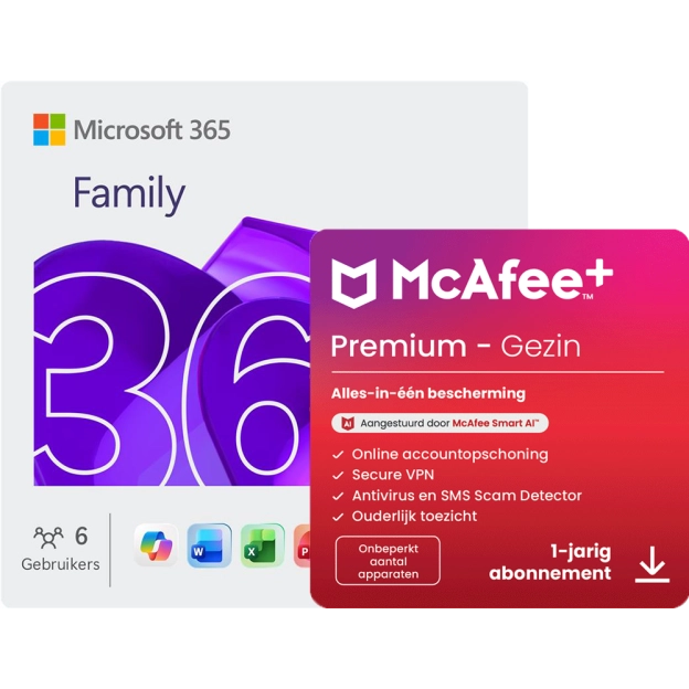 Microsoft 365 Family + McAfee+ Premium Family | 1 Jaar