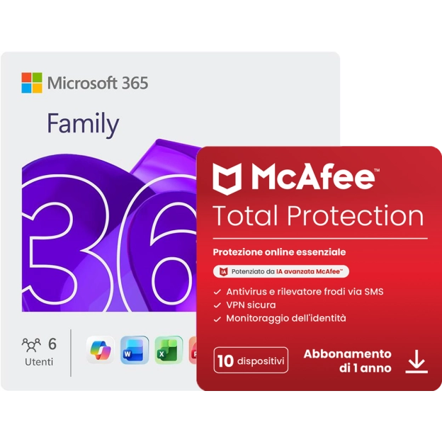 Microsoft 365 Family + McAfee Total Protection |  10 Dispositivi | 1 Anno