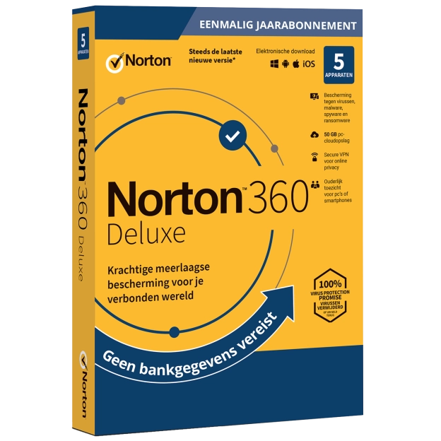 Norton 360 Deluxe | 5 Apparaten | Eenmalig Jaarabonnement | 2026 | 50 GB Cloud Opslag